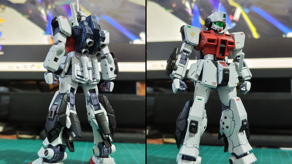 全体図。所々処理が甘いのであまりアップで見ないで頂けると助かります(笑)。両腕部や脚部スラスター、バックパック右サーベルラックの接続穴はあえて埋めず、拡張の余地として残しています。ほぼほぼペイルライダー系列機(レッドライダーとD2を使用)ですがジム顔とカラーリングでジムコマ風に。胴体をしっかり改造したのと脚部スラスターを背景に溶け込みやすい真っ黒にしたおかげでペイルライダー感は消えてくれたと思います。顎のオプチカルシーカーも迷ったのですが、付けて正解でしたね。いい感じにスナIIっぽさを無くしてくれてます。右腰のマガジンは作戦によってマシンガンを装備する時があるので装備しているという設定です。