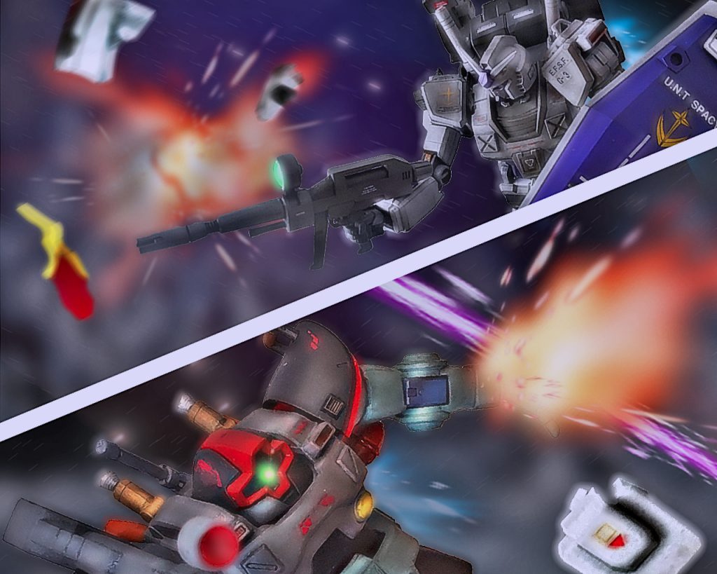 「このままじゃ突破されるっ!」敵の大型機動兵器が強引に突破口を開いた事により、防衛ラインの崩れが大きくなる。着実にジオンのMS隊は前進し攻め込んでいる。「…それでも、だからってっ!?」チェスターはMS-09Rリック・ドムと高機動戦を繰り広げ、引けを取らない操縦テクニックを見せつけた。そしてビームライフルの一撃がリック・ドムの左手へ直撃し、撃たれた部分から火が出ると一瞬バランスを崩す。「チィ、やりやがった!?」リック・ドムのパイロットは姿勢制御スラスターで立て直し、一旦距離を取ると僚機が援護射撃をする。「焦るなチェスター！確実に狙えっ!!」ゼノもレンジのあるビームライフルでG-3ガンダムへの援護を行う。チェスターの後ろに位置していたゼノだが、遠方から一つこちらに向かってくる光跡を捕まえた。直ぐ様、そちらにビームライフルを向け射撃するが虚しく空を切り、その機動力は今交戦しているリック・ドムとは比較にならなかった。MSの性能の差か搭乗しているパイロットの力量の差かは分からないが、チェスターのG-3ガンダムに襲いかかろうとする。「チェスター上だっ!!」