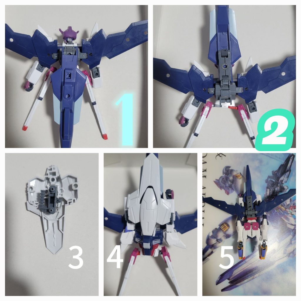 可変順序1      バックパックの機首部分を頭部方向に持っていく2　　シールドのジョイントを3番の写真の様にする。3　　4番のように頭部を隠す様に機首部分に接続する。4　　脚部をリゼルの様な形態にしてAGE2のストライダー形態の際に使用する股関節のジョイントを使用して完全です