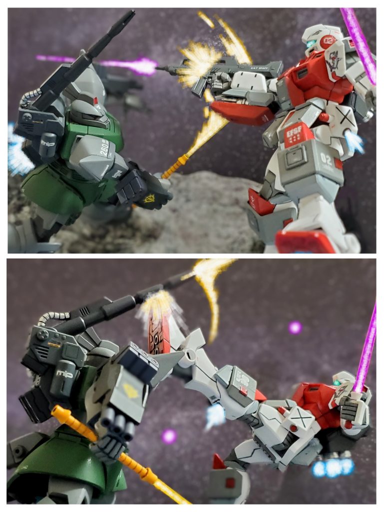 近接戦闘にも関わらず射撃と斬撃が飛び交うハイレベルな戦闘~💪✨セオリーに囚われない柔軟な戦闘センスで互いに技を繰り出す両パイロット⚔️✨互角の戦闘であったが徐々にオグス中佐の技量がヒートアップ⤴️じわじわとジムタイプを追い込み始めるゲルググキャノン✌️