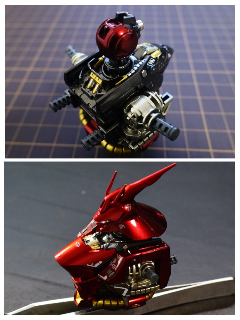 頭部、胸部パイプはEX-ブラック→スターブライトシルバーゴールド部分はEX-ブラック→スターブライトシルバー→スターブライトゴールド関節や放熱系統はEX-ブラック→スターブライトシャンパンゴールド 主なディテールアップモノアイにSPプレート、VCドームを装着。ひさしのぽっちをピンバイスで開口。首元にUSリベット、窪みをスピンモールドで掘り直してGLEP。