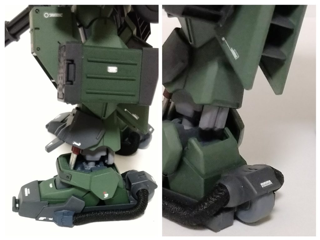 脚部ホバーユニット。ホバークラフトとローラーで地上を高速移動できる設定です。ホースのような部品は100均のヘアゴムを使用しています。