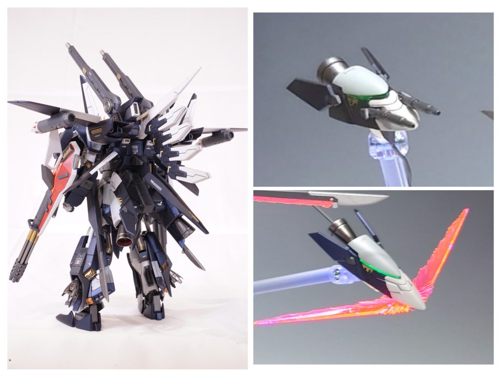 【ガンバレル】✕２[設定]　背部に装備されている、有線式のオールレンジ攻撃端末。2連装ビーム砲、ビームカッターが搭載されており、射撃と斬撃を交えたオールレンジ攻撃が可能。大気圏内では推進器として機能する。[製作解説]　モビルアーマーエグザスのガンバレルをそのまま取り付けました。ビームカッター部、センサー部は蛍光塗料で塗しています。