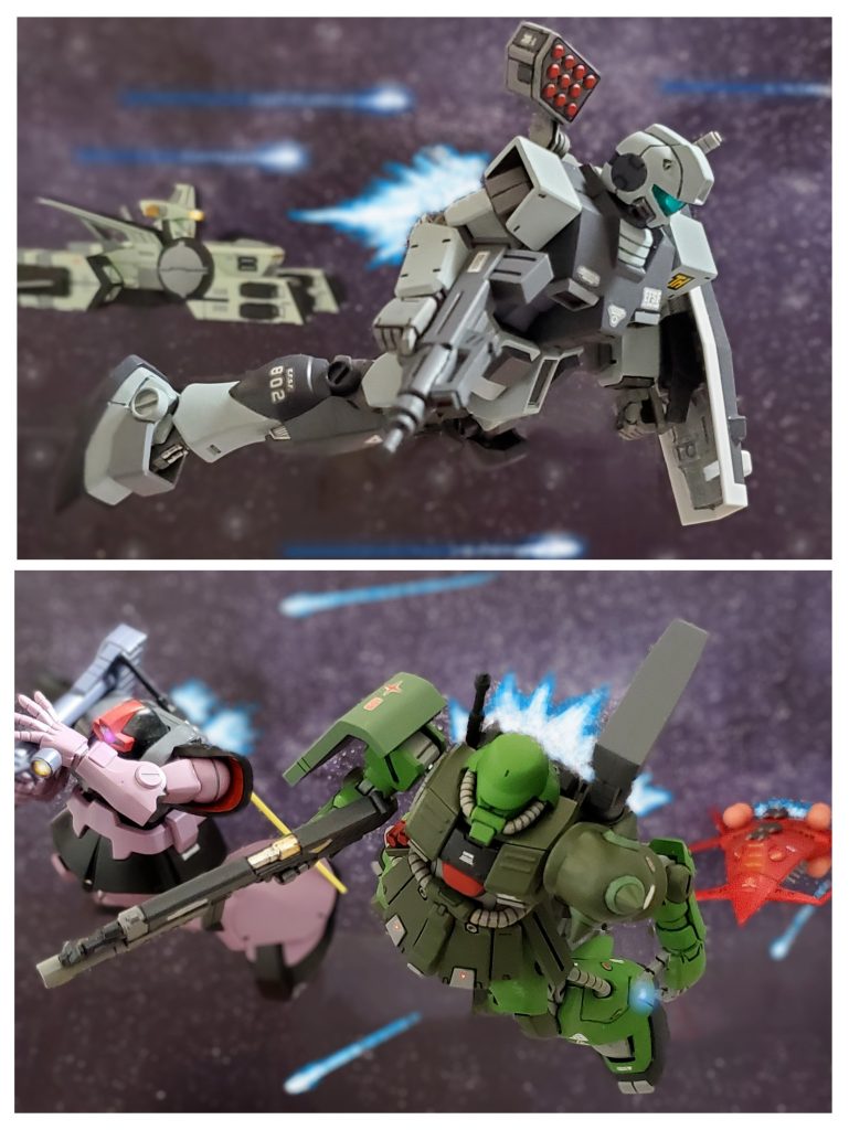 マツナガ大尉によればアクシズへの脱出経路の暗礁宙域を抜けたポイントで情報を伝えてきた人物が出迎えてくれるとの事であったが…到着したポイントに待ち構えていたのは連邦のペガサス級❕素早くMS部隊を展開❕通信回線も開かず問答無用でこちらを殲滅する構えのようだ😵💦行動が筒抜けだったのか？はたまた情報そのものが罠だったのか⁉️疑心暗鬼に駆られながらラカン少尉らは緊急スクランブルで発艦していく～👊✨