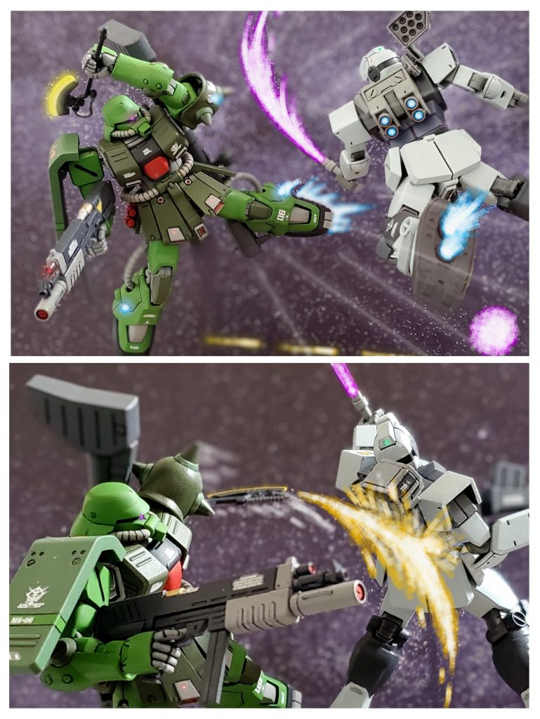 練度の高い部隊同士の交戦で互いに１機も落とせぬ状況が続く中、ラカン少尉のザクII改が吐出したジムのビームサーベルを最小限で回避‼️一瞬のチャンスを掴む✊✨そしてついにラカン少尉のザクII改はジムの背後を捉えヒートホーク🪓の一撃を喰らわす～🤩✨相手のジム部隊も練度は高いが、これまでの戦場で培った場数に違いがあるようだ👍️🎵