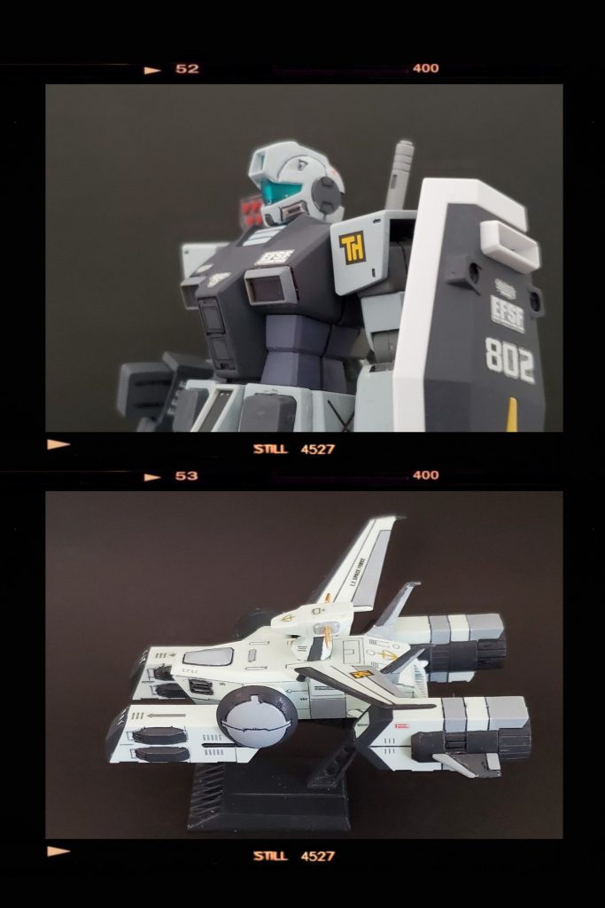 こちらは今回の敵役用に大急ぎで仕上げたジムとペガサス級強襲揚陸艦です🤭部隊としての統一感を持たせるため同じカラーリングで仕上げました🖌️✨ジムはジャンクBOXよりかき集めて組み上げた機体👍️そしてペガサス級は新規に製作しております🎵この２つの詳細は次回投稿作品時に一緒に載せたいと思います😌☘️