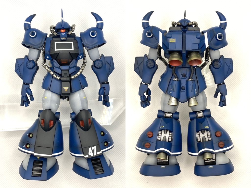 パーツ構成頭部・・・リバイブグフ腕部・・・リバイブグフ+旧キット胴体・・・プロトタイプグフ脚部・・・プロトタイプグフ+旧キット背部・・・旧キット頭部や肩のアーマーはリバイブグフの形状が好みだったので、あえてプロトタイプのものは使用せずにそちらを使用しています