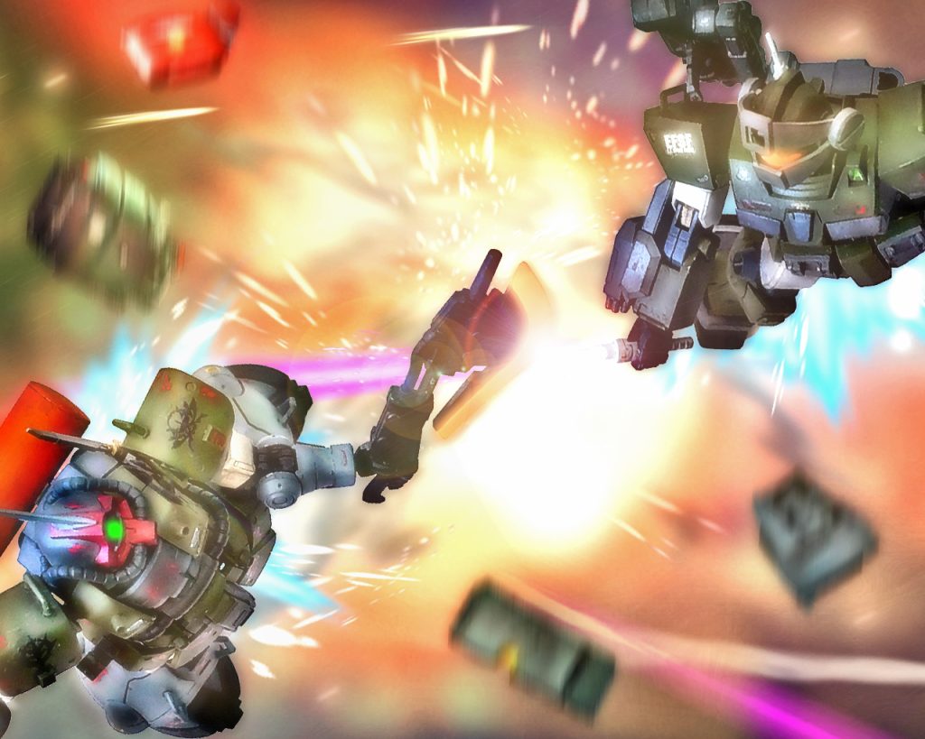 「チェスターっっ!!!!」ドムがG-3ガンダムへとどめを刺そうとすると、1機のMSが雷の如く近づき、それを阻止した。「っ、何だ?」突然の奇襲だがモアも反応しヒートホークで攻撃を受けとめる。(私が気配に気付けなかっただと…?)モアは振り払うと距離を取ろうとする。しかし連邦軍のMSは攻めの姿勢を緩めず、ビームサーベルで再度攻撃する。「……チェスター返事をしろっ!姿勢を直せっ!!」ゼノの叫びはチェスターには届かなかった。彼は今、ただ一人暗い宇宙の闇を彷徨っている。「…このバイザー付き、悪くない…」モアはジムスナイパーカスタムの剣撃を軽々と受けつつ、敵の力量を測っていた。2機は絡み合うように翔び、周りが援護できない位の激しい格闘戦を繰り広げる。