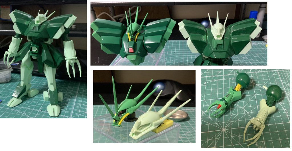 ショルダーパーツは一度バラバラにして、整形&増量を行った後、角度を調整して再度接着。胸部ブロックは幅詰め。頭部はRE1/100キットから拝借し、1/144のスケールになるように前後左右上下幅詰めを行い、原作設定画に合わせて細部を整形。上腕部はRE1/100キットから流用。クローは短縮工作。