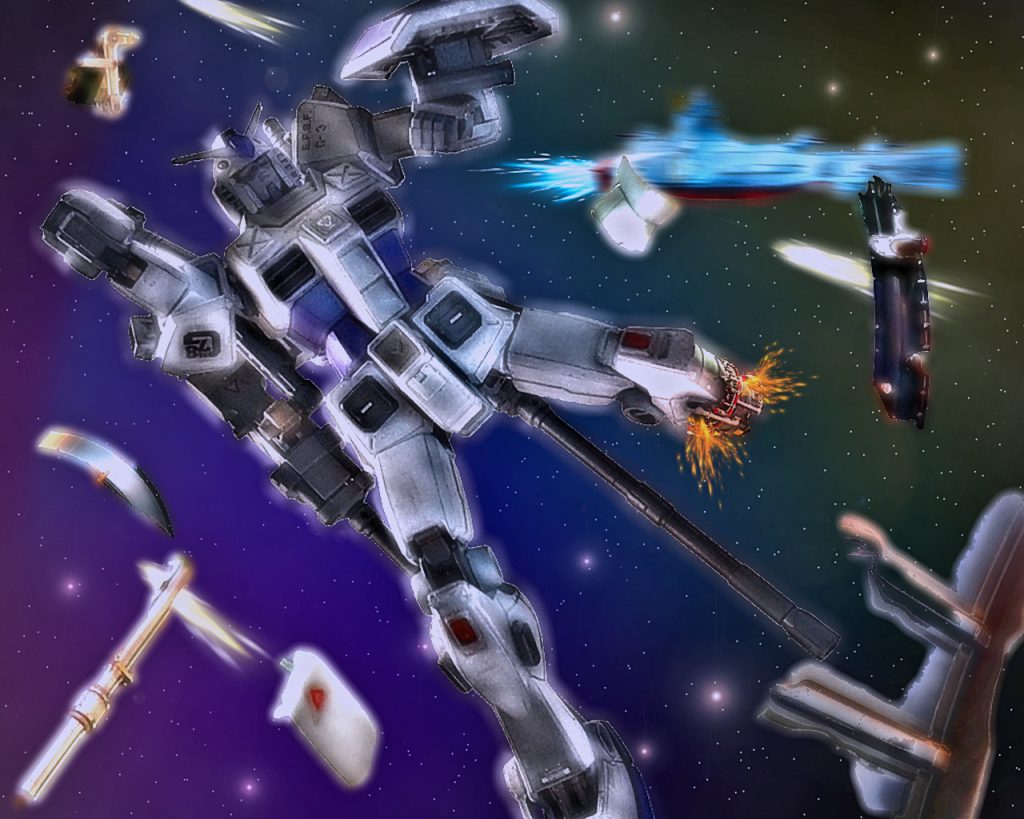 「…おれ、…俺も行くのか?アイツらの所に?」チェスターはスロットルレバーを握ったまま瞬き一つせず、残骸漂う宇宙空間を見つめた。その黒目は深く闇に包まれたように漆黒で、全てを飲み込みそうであった。G-3ガンダムはビームサーベルに手をかけたまま動けず流される。「…何で、…何でアイツらが、…何で俺をかばってまで」……濡れている?、……涙?、…俺は泣いている?ふと手を顔にやろうとするとヘルメットでその涙を拭う事はできなかった。