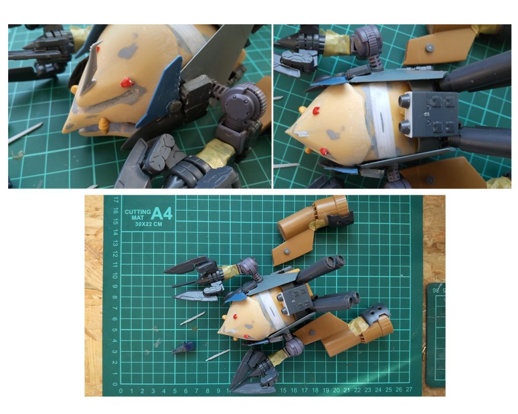 塗装前ですが顔はパテでほぼ新規造形ですね。初めてここまでパテを盛って作りました(;・∀・)口からは元のビーム砲だけでなく2連グレネードランチャーが飛び出してます。腹部にはガトリング砲もあり、背中の四角いのはミサイルポッドです。劇中では全武器は使いきれませんでした。因みにビグレロは試験用Iフィールド装備の設定でクロー中心の金色の部分が発生装置としてます。何より苦労したのは胴体延長するのに真ん中を1㎜プラバンを積層した所です。とにかくこれを成形して削るのが、半端なく大変で手の皮が捲れました(TдT)では最後のお知らせです!