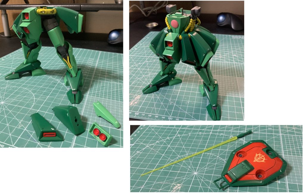 スカートパーツは大きく見えるように付属位置を変更。また上下に可動できるよう改修。股間ブロックは前後に幅増し&角度変更。腹部パーツに一部RE1/100キットからパーツを流用。脚部は回転軸を追加し開脚域も拡大。ふくらはぎはパテで厚みを増やした。