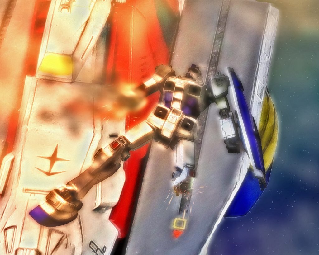 (……俺は、…いや、俺もこのまま…)チェスターはこの果てしない宇宙空間に飲み込まれていく感覚がした。そこには光や温かさはない。ただ冷たく何も無く真っ黒い世界が視界に拡がっている。人の終わりとはこんなものだろうか。実に呆気ない。「ホワイトウィング02、左舷カタパルトデッキに不時着しますっ!?」ホワイトユニサスのオペレーター、エリー・スワンナは興奮気味で艦長へ報告する。「こっちでデッキをガンダムに合わせろ!!上手く受け止めてやれっ!総員衝撃に備えっ!!」艦長のイズモ・アキヅキはブリッジ内のクルー全員に命令する。イズモも頭上から火を吹き落下してくるG-3ガンダムを確認した。(ありゃ、不時着というより墜落だな…)