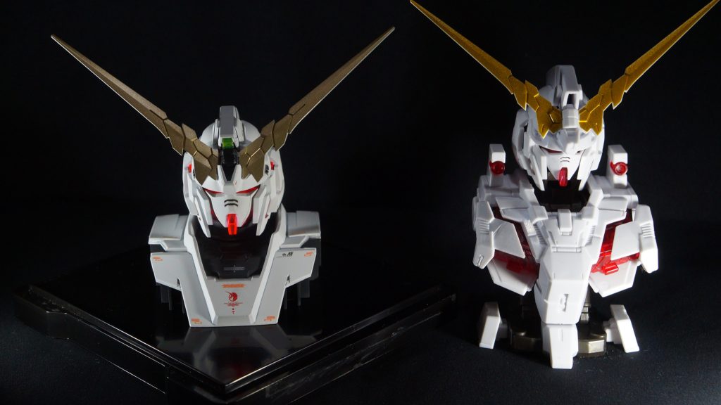 先日発売されたMSメカニカルバストDX ユニコーンガンダムと並べるとこんな感じです。ヘッドディスプレイの方がスケールは大きいですね。メカニカルバストもいつか塗装して仕上げようと、購入はしていますが、なかなか出番が回ってこないですね…。(gundam-kao5)今回のDX、1回800円でドキドキしながら回しましたが、3回でストレートコンプでした。(gundam-kao2)ちなみにメカニカルバストのサイコフレームはUVライトで光りませんでした！