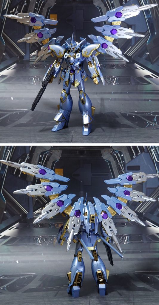 ドラグーン“サハスラブジャ”を展開して前後ろ。穴開けはレヴィテーター1個に付き4箇所、ドラグーン(サハスラブジャ)1個に付き6箇所の計80箇所に実施。※レヴィテーターのスラスターに0.7mm、サハスラブジャの砲口に0.5mm穴開け肉抜き穴埋めは前腕クロー(モルスス・モルティス)に実施。手首は30MMオプションセットに丸ごと差し替え。サハスラブジャの六角形モールド(紫)については、塗り分けしないことも含めて検討、どうにも上手く出来なかったので、付属シールで誤魔化しました。また、サハスラブジャの穴埋めパーツは、思ったより取り外しにくかったので、付けずにそのままとします。