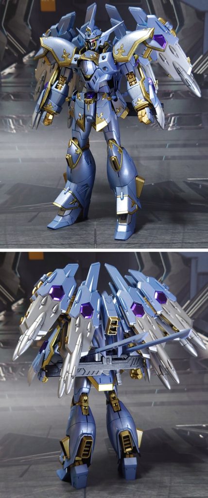 ブラックナイトスコード カルラの基本形態の前後ろ。工作は、ゲート痕処理、エッジ尖らせ、パーティングライン・段ズレ・ヒケの対処、面出し、穴開け、肉抜き穴埋め、市販パーツ貼り付け・埋め込みによるディティールアップを実施。