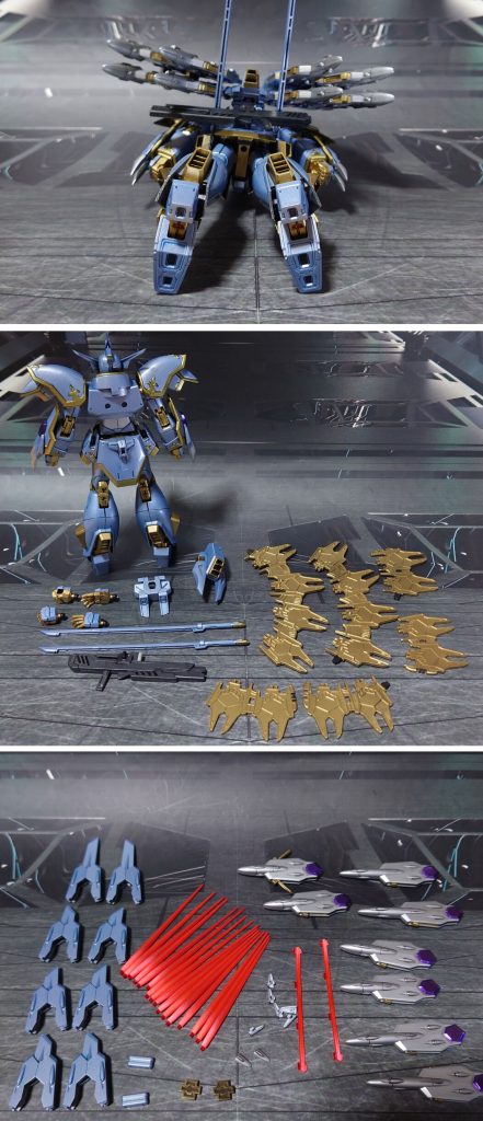 下からのアングル、付属品一式(レヴィテーターのエフェクト以外)。■塗装レシピ本体青銀:黒サフ→シャインシルバー→パールライトブルー→光沢レヴィテーター青銀:黒サフ→シルバーリーフ→パールライトブルー→光沢銀:黒サフ→シルバーリーフ→光沢エングレービング金:黒サフ→ダークブルー→メッキ調ゴールド→光沢関節類金:黒サフ→ゴールド→光沢紫:黒サフ→メタリックパープル→光沢アドゥロ・オンジ砲口紫:黒サフ→シャインシルバー→メタリックパープル→光沢ビームライフル黒:黒サフ→MSグレー連邦系→光沢ビーム刃エフェクト:先端側にメタリックレッド→根元側にベースホワイト→全体に蛍光レッド頭部・ビームライフルセンサー類:キット付属シールを使用その他部分塗装、墨入れ:ガンダムマーカー各種→つや消し