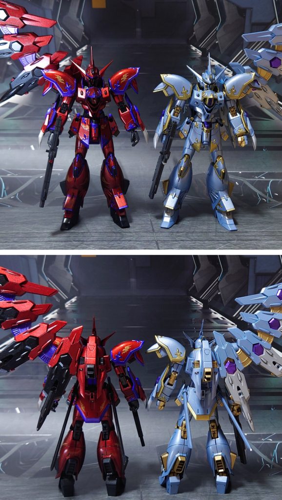 先日作成したカルラとの比較。■塗装レシピ赤:黒サフ→メタリックレッド→光沢エングレービング紫:黒サフ→シルバーリーフ→メタリックパープル→光沢レヴィテーター紫:黒サフ→メタリックパープル→光沢その他紫:黒サフ→シルバーリーフ→フロストパープル→光沢黒:黒サフ→メタリックブラック→光沢濃グレー:黒サフ→MSグレー連邦系→光沢銀:黒サフ→ブラック→メタルシルバー→光沢ロングアックス刃(クリアレッド成型):メタリックレッド→光沢ロングアックス銀:黒サフ→シルバーリーフ→光沢ビーム刃エフェクト赤:先端側にメタリックレッド→根元側にベースホワイト→全体に蛍光レッドビーム刃エフェクト黄:先端側にゴールド→根元側にベースホワイト→全体に蛍光イエローセンサー類:キット付属シールを使用その他部分塗装、墨入れ:ガンダムマーカー各種→つや消し
