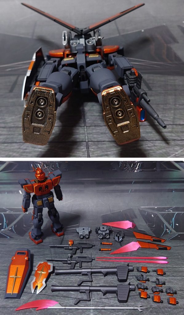 下からのアングルと、付属品一式。手首は30MMオプションセットに丸ごと差し換え。武装にはHGUC RX-78-2ガンダム(REVIVE版)のバズーカ2本、HGCE ソードインパルスガンダムのビームブーメラン(フラッシュエッジ)を1セット追加しました。他、EG RX-78-2ガンダム分のビームライフル、ビームサーベル(+他から持ってきたビームサーベル刃)、バックパック、シールドも換装パーツとして塗装・組み立てしておきました。