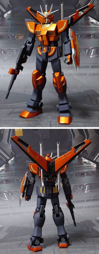 ラーガンダム(デイブレイクカラー)の前後ろ。工作は、ゲート痕処理、パーティングライン・段ズレ・ヒケの対処、面出し、肉抜き穴埋め、合わせ目消し、市販パーツ埋め込みによるディティールアップを実施。