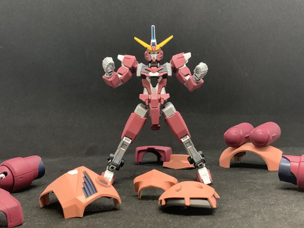 次に本体の∞［インフィニット］コア通称ムゲンコアジャスティスアーマーとドッキングする際に∞ジャスティスに見えるよう頭部、ズゴックの蛇腹関節の形状が均一になるよう太腿を∞ジャスティス壱式に変更しジャスティスカラーに塗装したコアガンダムⅡ