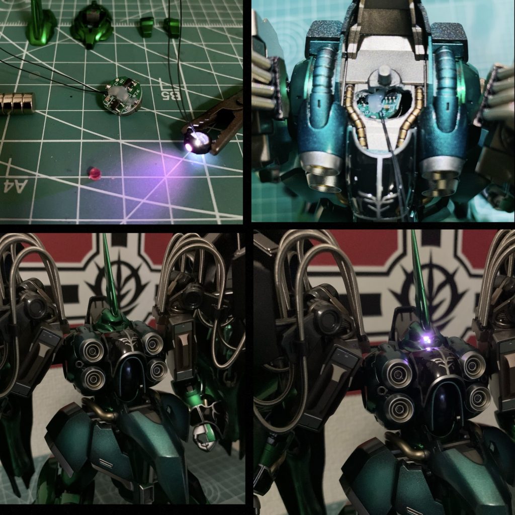 まだだ、まだ終わらんよw モノアイの入り切りがスマートじゃなかったので、磁気スイッチ付LEDを移植する手術をしました。ボディ内部の電源を磁石を近づけるだけでONにできるようになりました。これでいつでも気軽にグポーンできるようにw おすすめです♪