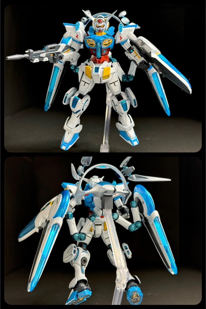 正面と背面。水性ホビーカラーで光沢仕上げで塗装しました。機体各部の青発光箇所は付属のシールを使用しました。