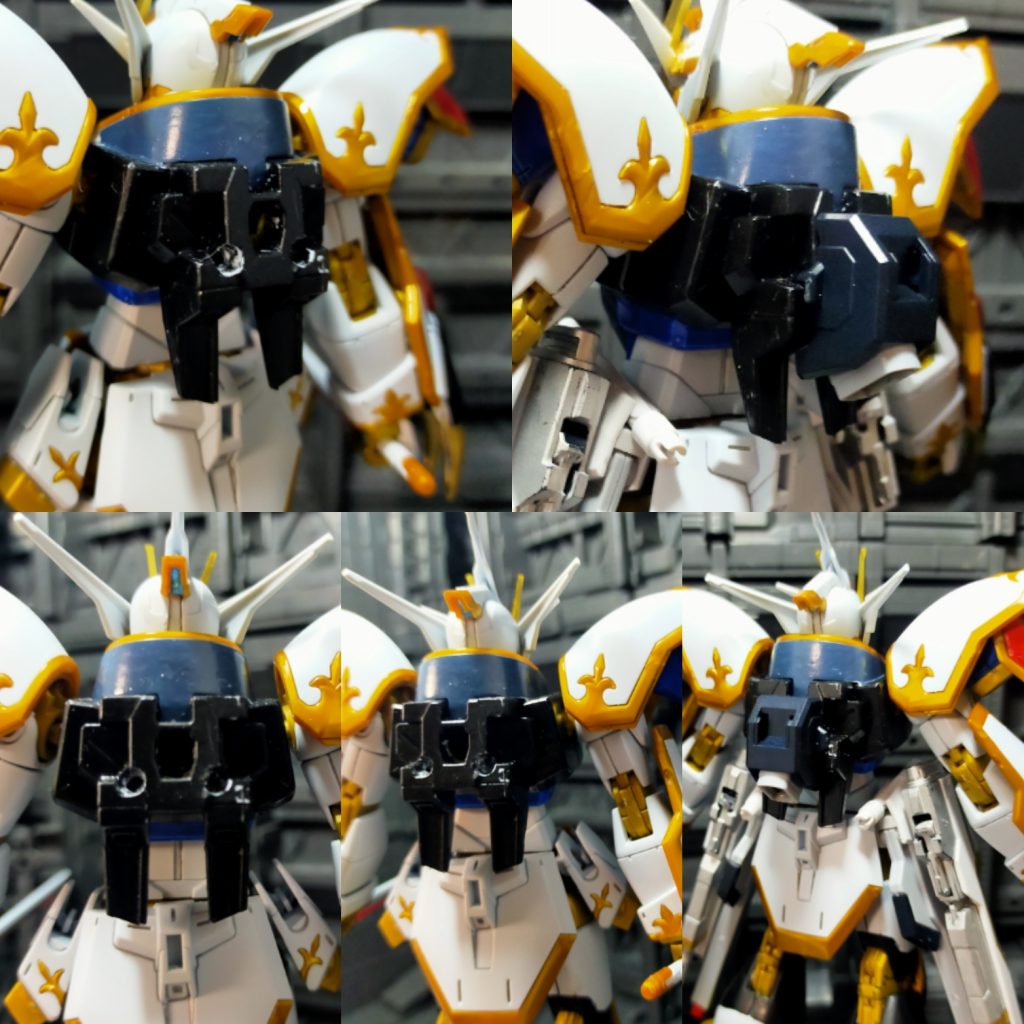 本機は元々、襟がマイフリのバックパックに干渉してプラウドディフェンダーがつけられない仕様。かと言ってバックパックを改造しても小さくて不恰好になってしまう。そこで作者はカルラの第1バックパックに3mm穴をこじ開けてバックパックを取り付けられるようにした。そうすると中にある3mm軸の強度が弱くなるので肉抜き部分をパテとかで埋めて補強するのをおすすめする。