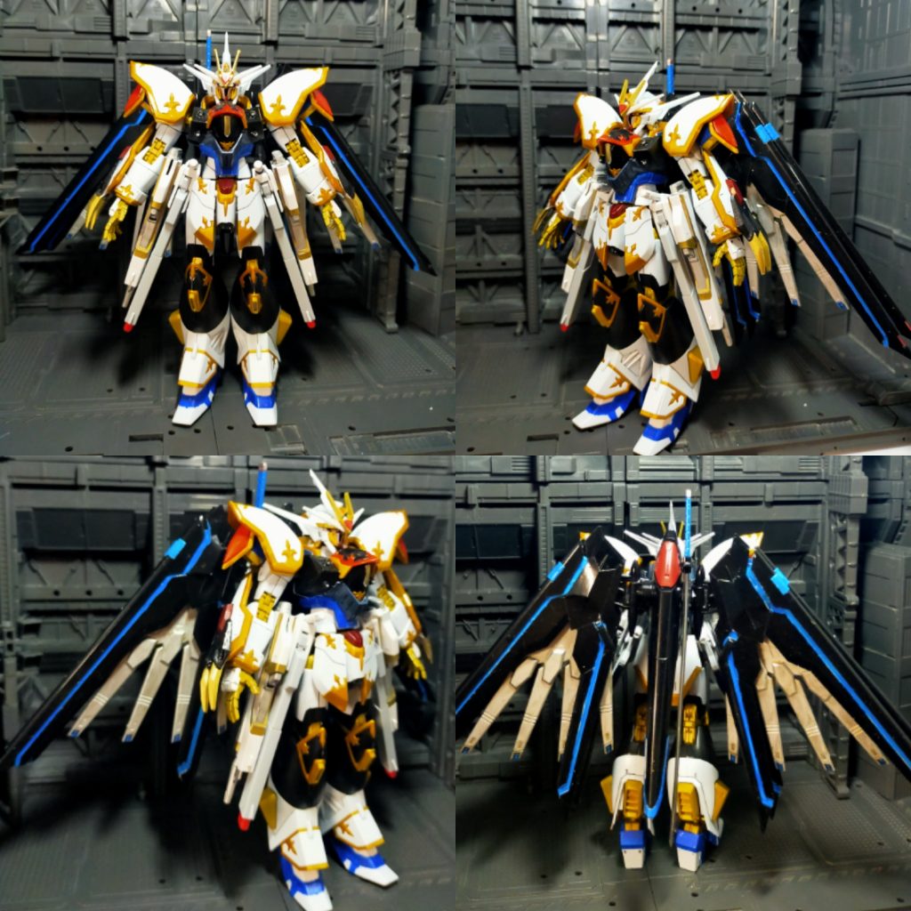 まずブラックナイトスコード・ガンダムの紹介。本機はブラックナイトスコード・カルラにマイティーストライクフリーダムガンダムの要素をミキシングした機体である。ホワイトオンリーなカラーリングをフリーダム系列にしたらヒロイックになった。何故か魔神英雄伝ワタルの龍神丸みたいになってしまったw。