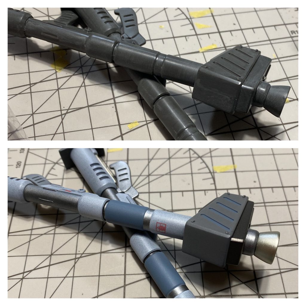 モナカ合わせのバズーカは、接着剤でムニュしたあと、表面整えて塗装しましたが、マスキングにかなり時間がかかりました。