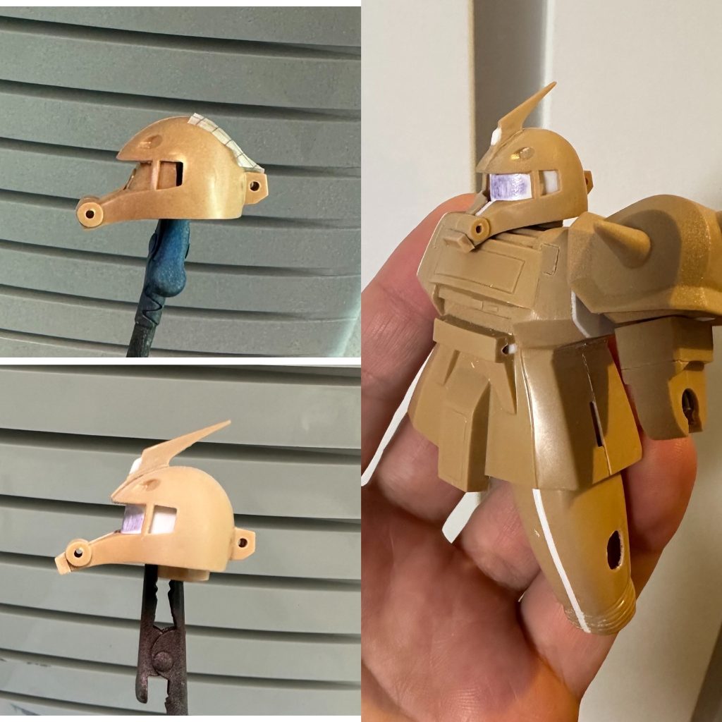 モノアイ周りの傾斜が横から見ると気になるのでプラ板で自作。胴体のハの字カット、足の幅増しなどのプロポーション改修をして、アンテナやミサイルポッドなどのディテールを追加。箱絵に近いイメージになるように加工しています。