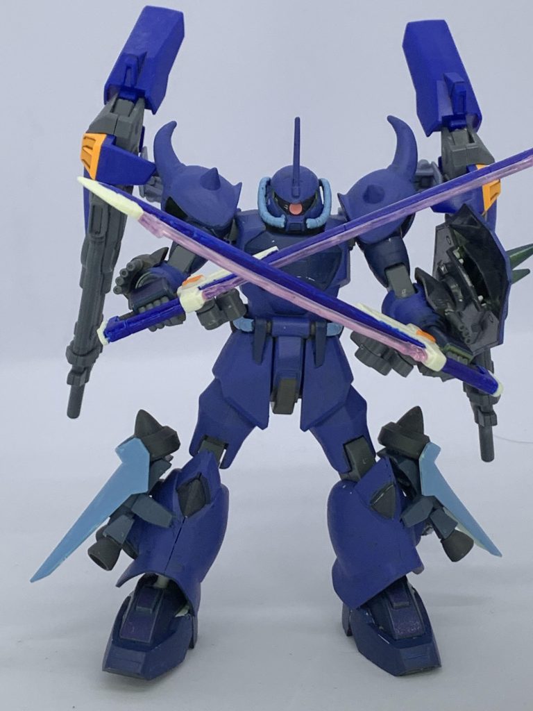 グフイグナイテッドディープアームズ先のゲオルグ・アスカロンとその息子エドワード・アスカロン達の襲撃により機能停止を余儀なくされたジュール隊。マティウス市内に複製・改修を施し保管されていたデュエル・バスターの改修機体「グラディエイター」「グレイトバスター」と共に出撃すべく、残存機体で最も損傷が少なく改修が間に合ったイザーク・ジュールのグフイグナイテッドをOS改修にてシホ・ハーネンフース仕様としディープアームズの残存武装を追加した機体。改修にあたり当時の整備ドックにあったジンハイマニューパの装備や、ソードインパルスのエクスカリバーを小型化したビーム対艦刀「カンショウバクヤ」も取り付け機動力と近接能力も底上げしている。って設定。