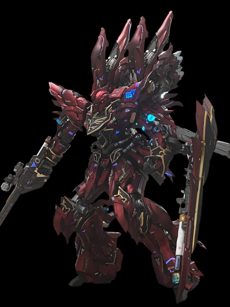 「フルフロンタル、シナンジュで出るッ！」 モノアイ、各部のセンサーっぽい所、バーニア等は蛍光塗料で塗装していますので、UV発光します。