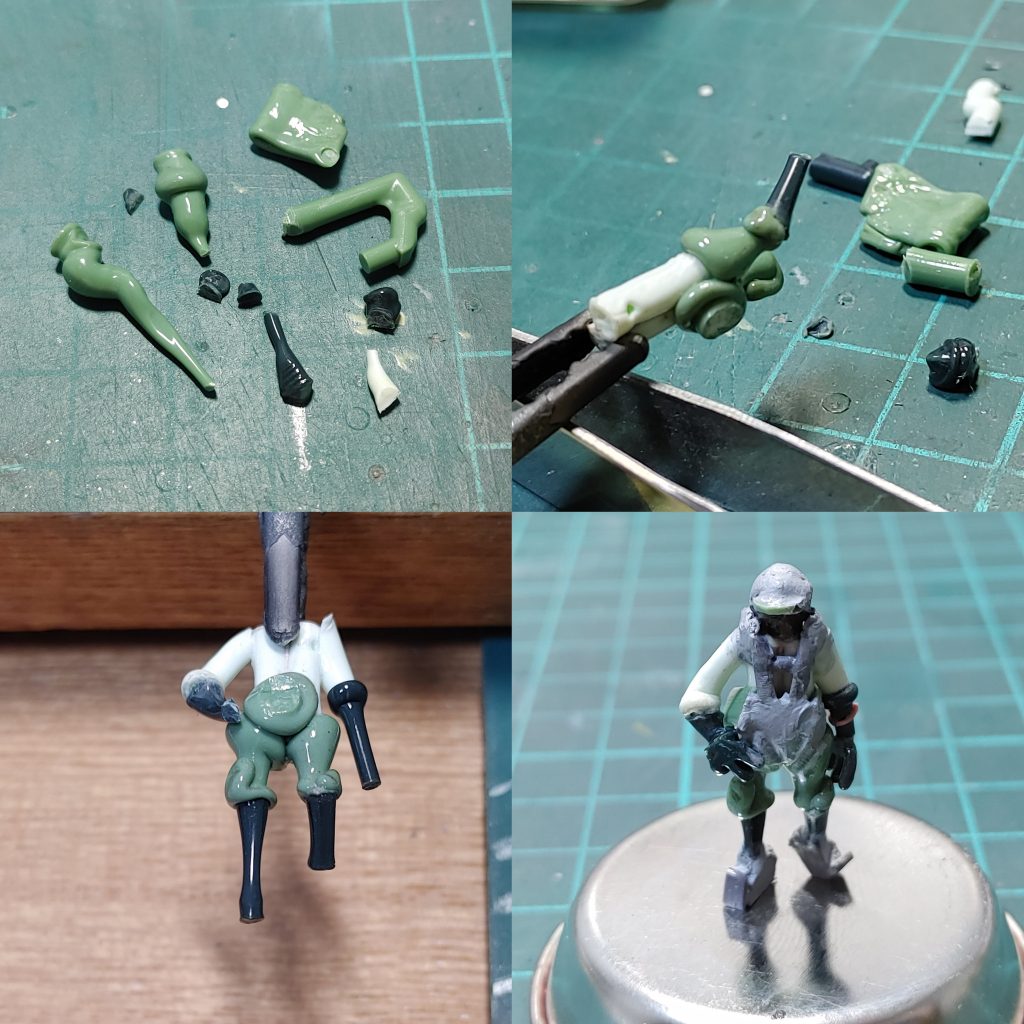 主人公?のダリルはランナーを炙って曲げて接着して、、、あーして、こーして作ってます。