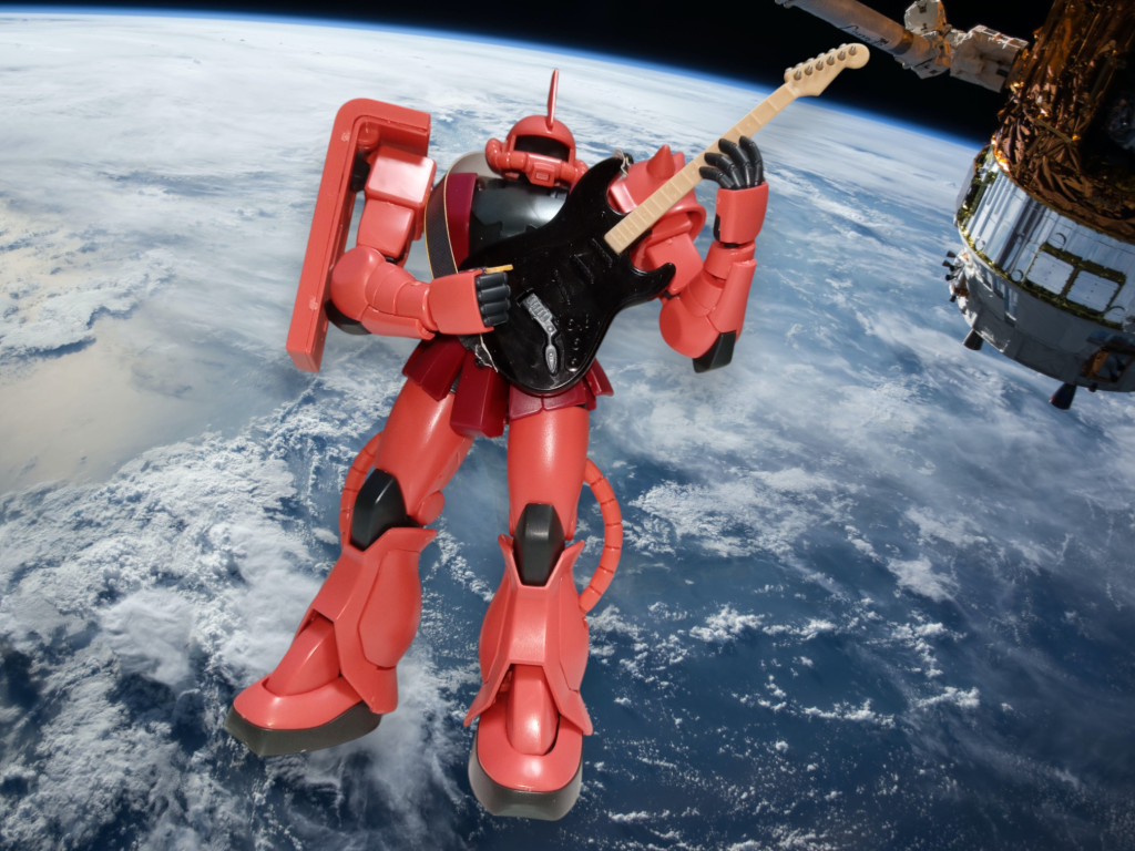 学生時代モテそうと言う理由だけでギターを始め、全くそんなこともなく過ごした高校時代。そんな昔を思い出してギターを奏でるシャアザクさんでした。ちなみに初めて買ったギターは黒のレスポールです。