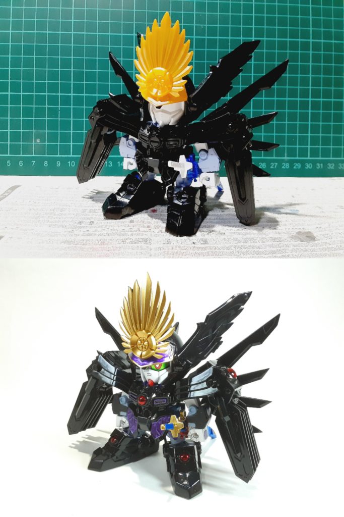 塗装前との比較加工は全体のシャープ化、肉抜き埋め、会わせ目消し、背中のウイングは先端にプラ板を貼ってシャープに、前立兜はパケ絵とデザイン違ったので分割しました