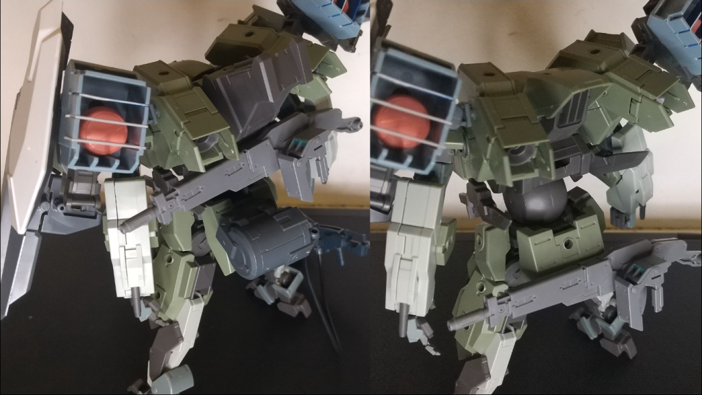 背部(左：砲撃型超兵用　右：超兵用)超兵用の機体はアヘッドのようなバーニアを背部にラックし、頭部を覆う広範囲索敵用のグラビカルアンテナ付き装甲が増設されている。これに超兵(擬似イノベイター)が乗ることで、凄まじい機動力と反応速度を誇る。