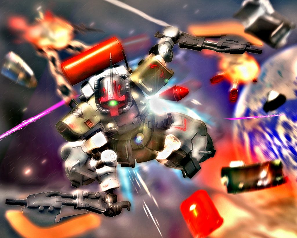 「…え、……チェ…?」バルとミッシェルは何が起きたか分からなかった。2人のジムのコクピット内は瞬時に赤く燃え盛る炎に包まれ、その身を焦がそうとしていた。火を手で振り払う事もできず、機体は胴体から爆散する。(チェスター……、お前は俺達のっ…!)「……………」ドム試作実験機による近接格闘の連撃は2機のジムを電光石火の早業で沈黙させた。モアの表情は無とも感じられる様相で息一つ切らしていない。(…気に病むな。貴様達よりも私の志が遥かに上だったというだけだ)チェスターはこの様を目の前で見て頭が真っ白になった。「…あの2本差しは……バル?…ミッシェル?」まさか。あの2人がやられる筈がない。(バル…、…ミッシェル、…士官学校の仲間、…いつも一緒、…大切な…)チェスターの頭の中で走馬灯が過る。それまで必死で動いていたG-3は突然電源が落ちたように止まり無重力に身を任せた。「チェスターっ!!どうしたっ!?動けぇぇっ!!」ゼノが呼び掛けるが不安を頭が過る。(ヤバいっ、…もしやアイツ!?)