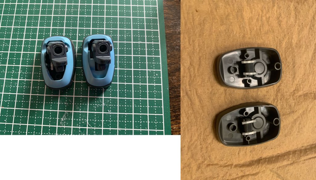 脚部の可動範囲拡大です。ネットで調べた加工方法をマルパクリです。バックパックもそうですが、今回パーツをくり抜く時はタガネをつかっています。サザビーの胸部の時はピンバイスを使ったのですが、切り口がガタガタになってしまいました。今回はうまくリベンジできてると思います。