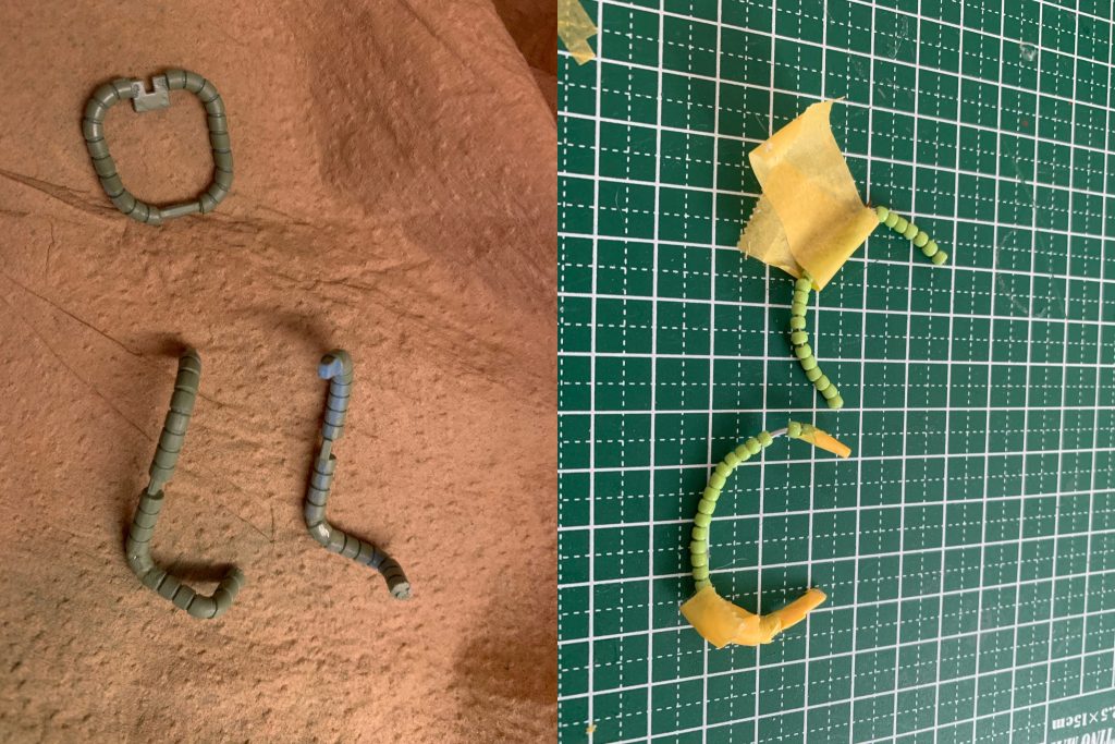 動力パイプは右のビーズを使おうと思ったんですが、針金が固くうまく形状をだせす、失敗に終わりました。今回はキットのものを使っています。でもキットのものだと軟質プラなので塗装するとすぐ折れちゃいます。折れるたびに接着しています。何か良い方法ないですかね。