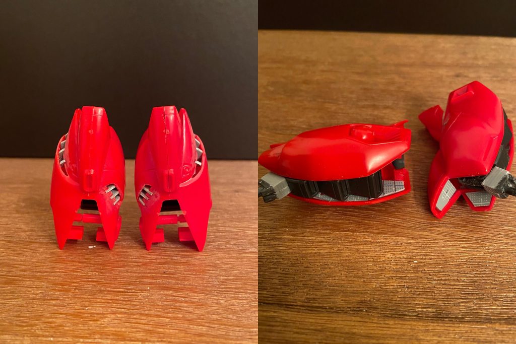 モナカキットなので隙間は目立つ一方、設定画では開口しているであろう箇所も塞がっています。特に脚部はその傾向が目立った為、開口したりプラ板工作で極力モナカ感を軽減しました。