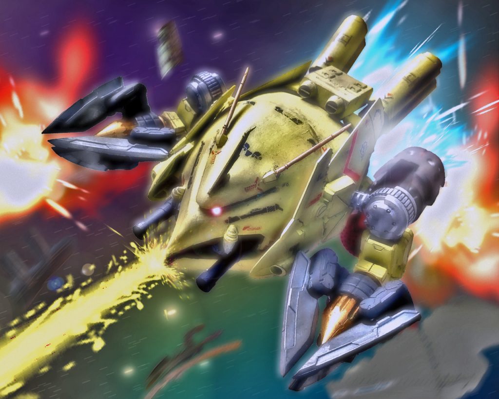 「連邦共、その目に焼きつけろっ!ビグレロだぞっっ!!!!!!」ケリィは自身を奮い立たせるようにそう叫ぶと、ビーム撹乱膜の撒かれたエリアを抜け高出力メガ粒子砲を放った。ビグレロの加速も相まって、瞬きする間もなく光り輝く帯が宇宙を切り裂く。高出力で撃たれたメガ粒子砲の狙いは一点、敵の艦隊旗艦である白き巡洋艦であった。すると同一射線上にあった護衛のボールやジムが巻き込まれ手前からドミノ倒しの如く爆発していく。「やったか!?」