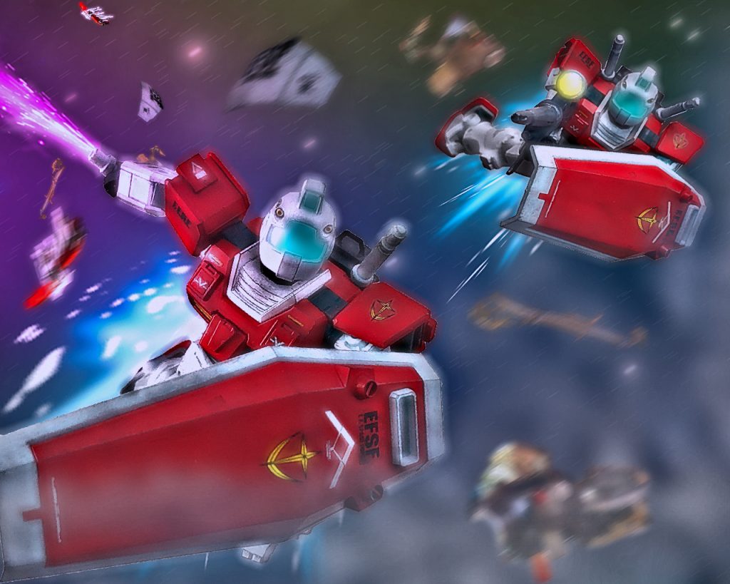 「チェスターっ!!今行くぞっ!!!!」バルはミッシェルと合流すると残弾のないビームライフルを捨てビームサーベルを抜いた。「ミッシェル、援護しろっ!!」「お前っ、隊長の命令を無視してっ!?」「言ってる場合じゃねぇ!アイツは…、チェスターは俺達の仲間であり誇りだっ!」「そりゃ…、そうだけど…」「ナイメーヘンでも底辺を這いつくばっていた俺達を上まで引っ張り上げてくれたのはアイツのおかげだろ!?」「………そうだったな。名ばかりお坊ちゃん学校でドン底貧乏学生だった俺らを分け隔てなく認めてくれた同期はチェスターだけだった」「そうだ!何でも熟して成績抜群！その上良い奴なんて出来過ぎで心底ムカつく野郎だぜ!!だからそんなアイツをジオンの連中なんかにヤラせはしねぇ!!」「全く、お前は褒めてるんだか貶してるんだか…、ホントお頭が弱いんだな」「うっせぇ!!」「けどお前の気持ちは伝わった!!一気に行くぞ!!」ミッシェルのジムもバルに続くとビームライフルを構え引き金を引く。するとG-3ガンダムに畳みかけようとしていたリック・ドム数機は放たれたメガ粒子砲に気づき注意がこちらに向く。「俺達だって教導隊だっ!」2機のジムに気づいたのはリック・ドムだけではない。モアが乗るドム試作実験機も構えていた2本のヒートホークを下ろすとバルとミッシェルのジムへ、不気味に光るモノアイを向ける。「………愚かな」次の瞬間、モアのドム試作実験機が動いた。