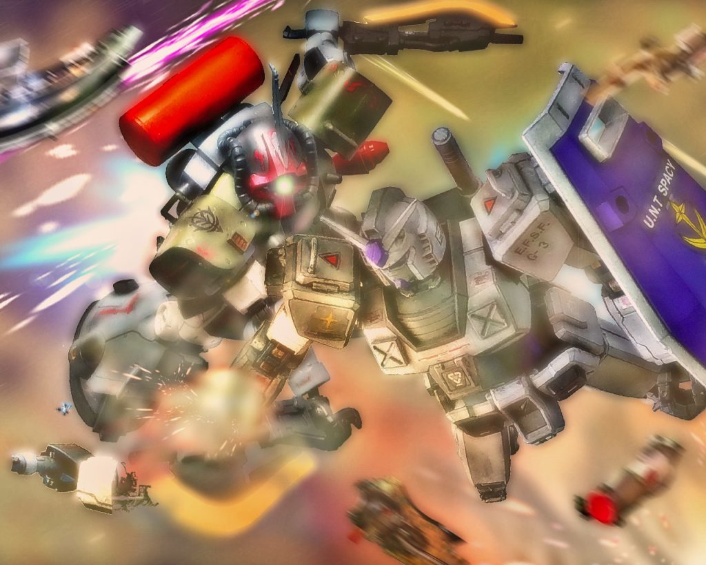 「直線的な動きだ…」モアはG-3ガンダムの大きな一振りを避けると、その右腕を切り落とす。ガンダムの装甲には新材のルナチタニウムが使用されており、そう簡単には破壊されない筈だが、モアの一撃は確実に芯を捉え一瞬にして腕部を寸断する。チェスターはこの時、何が起きたか理解していなかった。モアの立ち回りが上回るだけでなく、今のチェスターは冷静さを欠き正常な判断が出来ずにいた。G-3ガンダムはまだサーベルを持った様に腕を振り回しドムへ攻撃しようとする。「まるで何も見えていない…!」暗闇の中で必死に藻掻くようなMSの姿にモアは憐れみさえ感じた。