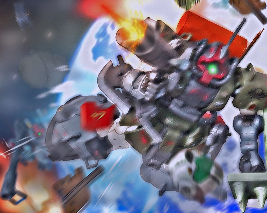 「他愛もない…恵まれた環境でぬるま湯に浸かりきったアースノイドなど」モアは左翼から敵陣を切り崩しにかかり、その圧倒的な実力でジムを次々に撃墜していく。それに続くようにリック・ドム小隊も進撃しジャイアント・バズで援護していく。モアの姿はまさに勇猛果敢そのものであった。「トライバルリーダー、ウォーリア01から各小隊へ！中心にモビルアーマーの08が来る。道を作るのに各機、敵MS隊を引きつけろ!!」「了解!!」小隊長達は返答すると更に敵機を引きつける様に派手に動いた。(…さあ、その力、見せてもらおう)モアは心の中で呟くと、後方から凄まじい勢いで前線に飛び込む『バケモノ』がその全容を現した。