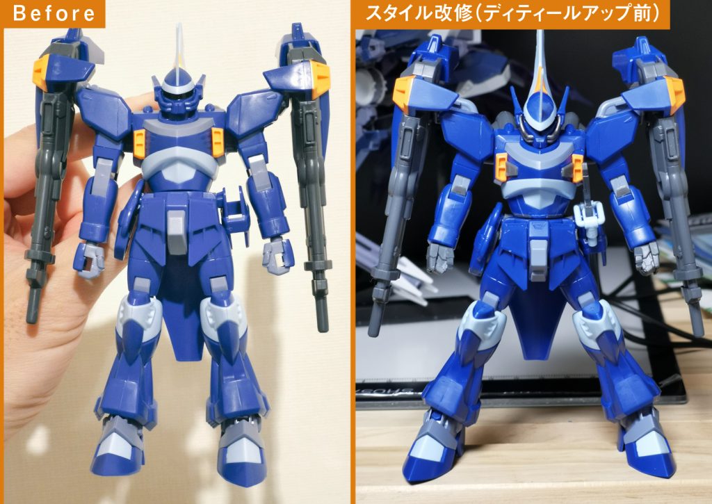 それでは、ビフォーアフターを。古いキットなので、今風にスタイル改修。首の可動範囲を拡大し、ぐっと顎を引けるように、かつ胴体に埋まっているような猪首にして、ファイターっぽく強そうに。腕が長いので、関節で3mmほど縮め、手首交換。それでも間延びするので、関節に引き込み装甲的なディティールを。胴体で2mm延長。フンドシパーツ位置変更と、関節で3mmほど延長して足を長く見せ、設置性を上げます。腰のバッテリーパックがペラペラなので、大型化。太ももが貧弱ですが（画像は改造前）、幅増しすると塗装必須なので、余りパーツを増加装甲に見たてて接着。これが大当たりでした。あとは、RGっぽくなるよう廃ランナーでディティールアップしていくと、下の写真のように。