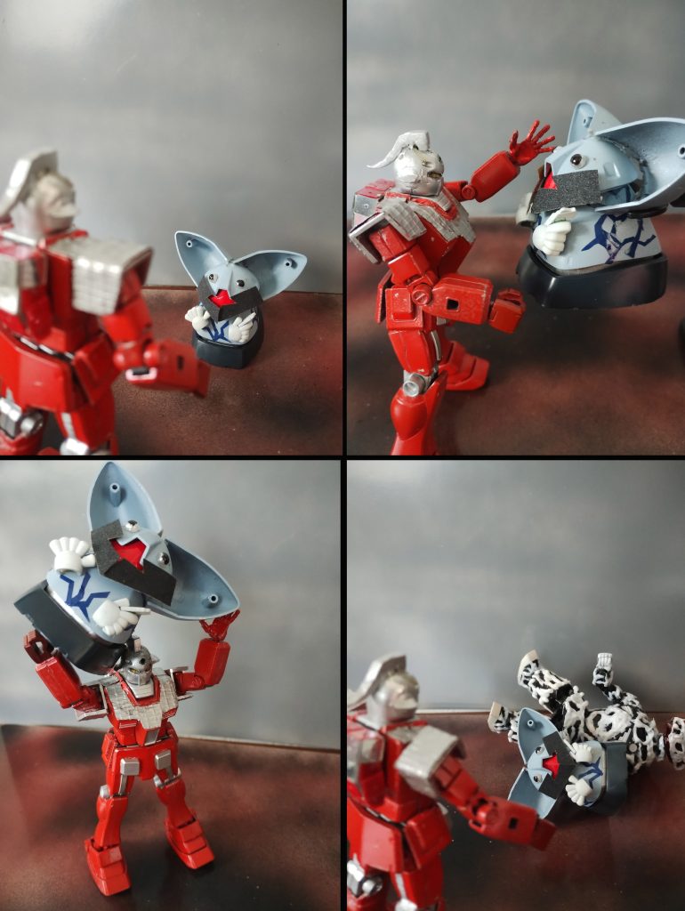 【おまけ】No.122「宇宙アウトロー」MSイーカロスが現れましたがセブンの豪快な投げにダウンです。*イーカロスはゴッグの肩・頭・脚、ハロの手を使用。顔には紙やすりを貼って髭っぽくしています。