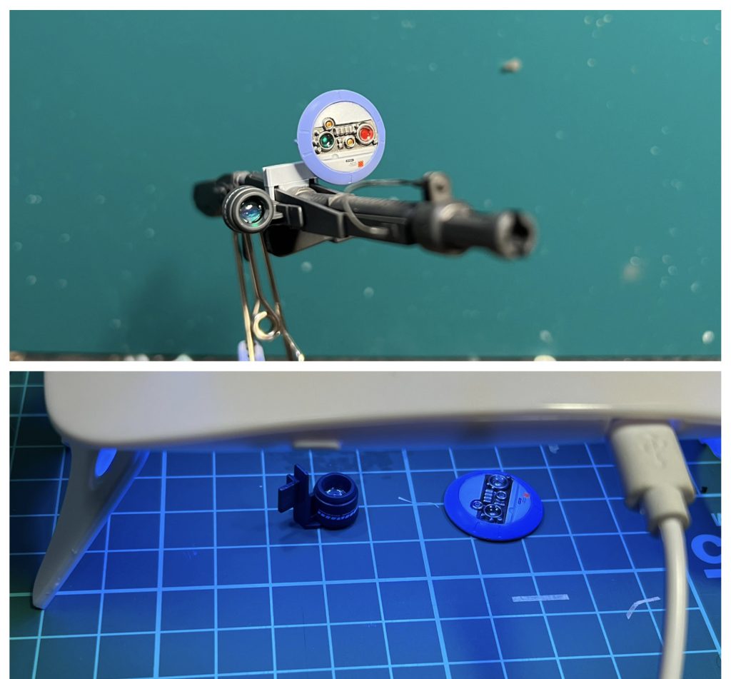 ビームスマートガンはロボ魂の物を参考に銃口近くにケーブルを追加しました。スコープのレンズは円筒の底にミラーフニッシュを貼ってレジンで固めています。