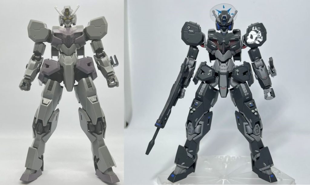 塗装前と塗装後です。サオリのイメージカラーは青と黒なので、主にジャーマングレーを吹き付け、差し色としてコバルトブルーを塗ってみました。肩のパーソナルマークは、エナメルの白で手書きしてみました。黒メインで塗装した模型は、これが初めてとなります。当初は黒で形が潰れないか不安でしたが、思った以上にジャーマングレーの色合いが丁度良く、ツヤ消しを吹いてみれば適度に白っぽくなってくれました。