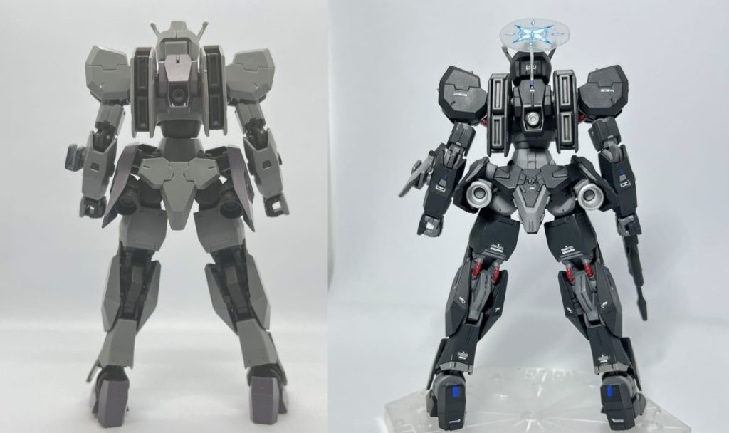 後ろからです。パネルラインの塗り分けなどが大変でしたが、今となっては良い思い出です。頭の後ろにある丸い物体は、ヘイローと呼ばれる天使の輪のようなものです。ブルーアーカイブのキャラクターには、これが必ずついています。